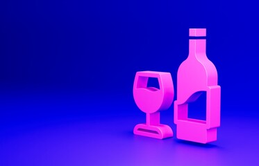 Pink Wine bottle with glass icon isolated on blue background. Minimalism concept. 3D render illustration