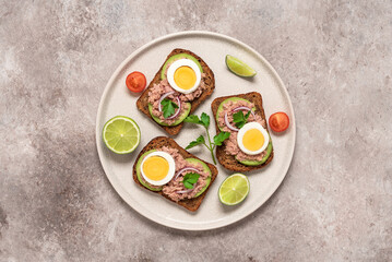 Tuna toast. Open sandwiches with tuna, rye bread, boiled egg, avocado red onion on a plate, brown rustic background. Top view, flat lay. Mediterranean food.