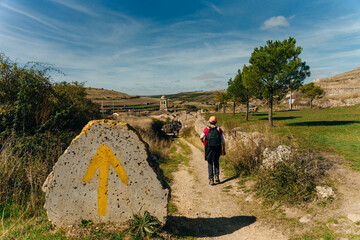Way Marking sign on Trail of the Way of St James Pilgrimage Trail Camino de Santiago - sep 2022 - obrazy, fototapety, plakaty