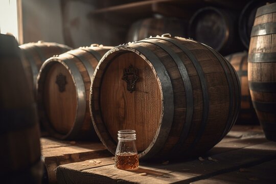 A barrel of beer made of wood is stored in a stock. Generative AI