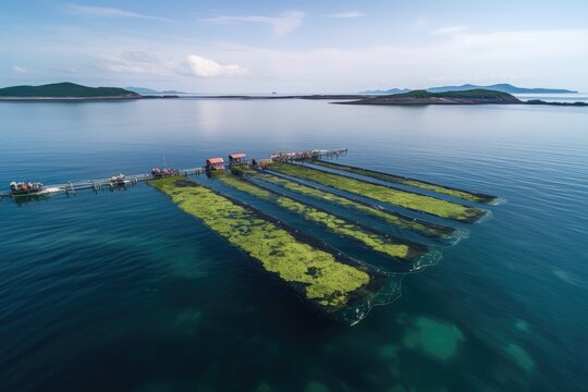 edible seaweed farms in the ocean, providing sustainable harvest of healthy food, created with generative ai