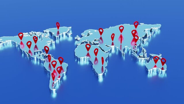 World map with global technology destination location concept. Network connection and global positioning system (GPS) concept. Abstract animation of the world map with pointers. pins, navigation and t