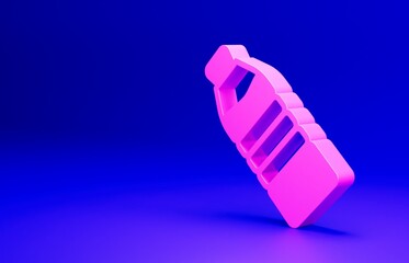 Pink Bottle of water icon isolated on blue background. Soda aqua drink sign. Minimalism concept. 3D render illustration