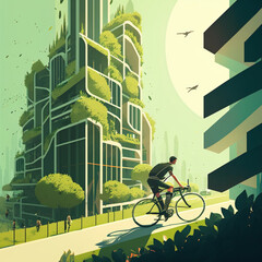Man cycling next to buildings with vertical gardens. Generative AI.