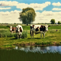 Fototapeta premium Cows grazing. Generative AI.