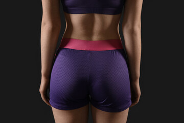 Sporty young woman in shorts on black background, back view