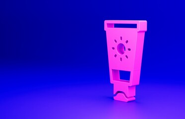 Pink Sunscreen cream in tube icon isolated on blue background. Protection for the skin from solar ultraviolet light. Minimalism concept. 3D render illustration