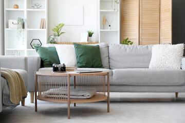 Coffee table with photo camera, magazine and books in interior of living room