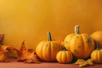 Autumn banner with pumpkins on mustard background. Copy-space available. Generative AI