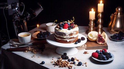 Food photography setup with cake and candle