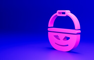 Pink Pumpkin basket for sweets icon isolated on blue background. Happy Halloween party. Minimalism concept. 3D render illustration