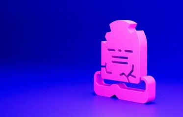 Pink Tombstone with RIP written on it icon isolated on blue background. Grave icon. Happy Halloween party. Minimalism concept. 3D render illustration