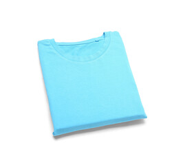 Folded blue t-shirt on white background