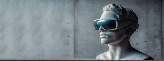 Statue of man wearing virtual reality goggles against background of gray concrete wall. Bust of male with glasses. Banner, Copy space. Generative AI. High quality illustration - obrazy, fototapety, plakaty