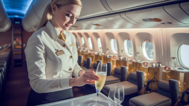 Stewardess pours champagne into glasses. Attractive woman flight attendant in private jet. Generative AI. 