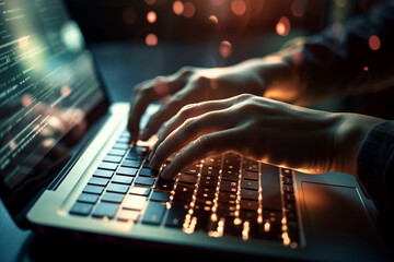 Glowing laptop with close - up shot of person's hands typing on the laptop keyboard and blurred out background with bright light shining behind and illuminating the laptop. Generative AI - obrazy, fototapety, plakaty