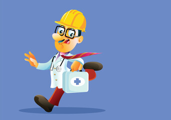 Doctor Wearing a Safety Helmet Running Away Vector Cartoon Illustration. Medical professional working for emergency first aid service
