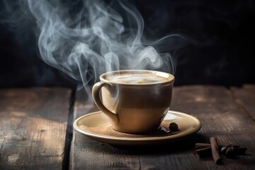 Cup of hot coffe on rustic wooden background, generative ai.