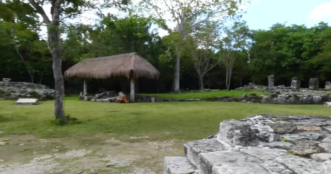 The Niches building (Los Nichos),The Palace (El Palacio) and "The Altar" in Center of Plaza at San Gervasio, Mayan archeological site, Cozumel, Mexico.