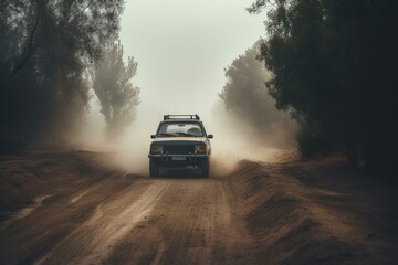 Obraz na płótnie Canvas A car travels down a dusty road with clouds of dust behind and in front of it. Generative AI