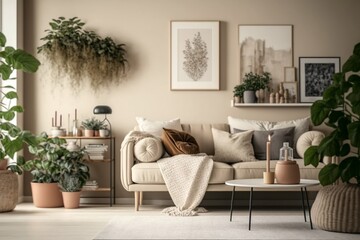 Cozy living room interior with beige sofa, plants, and elegant decor on beige wall. Includes coffee table, boucle rug, mock-up poster frame, side table, and plant. Generative AI