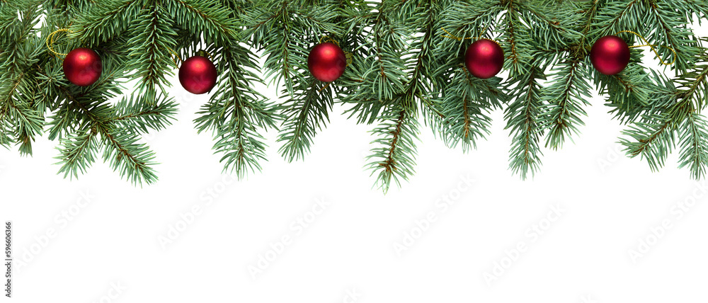 Wall mural christmas tree branches with red balls in png isolated on transparent background, border