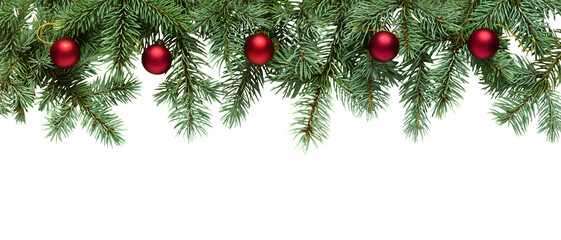 Christmas tree branches with red balls in PNG isolated on transparent background, border - Powered by Adobe