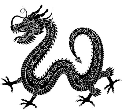 Traditional chinese black dragon outline vector illustration. Zodiac sign. Sacred animal, a symbol of goodness and power. Asian, japanese mascot and tattoo or T-shirt vector illustration.