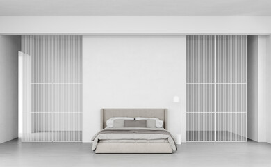 White empty bedroom in a minimalist style, slatted partitions on the sides, concrete floor, high ceilings in the bedroom. Futuristic bedroom. 3d render. 