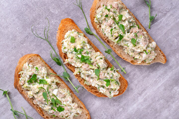 Bruschetta with cod liver, boiled eggs, scallion on wheat bread on grey table. Top view