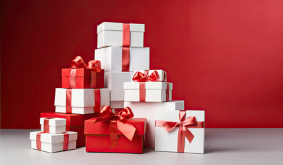 Red and white gift boxes on white table, red background, Generative AI