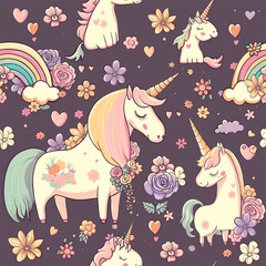Unicorn, rainbow seamless pattern with flowers, hearts. Happy cartoon character fairy animals. Vector repeat background with beautiful delicate unicorns. Girl cute wallpaper design - 596607731
