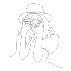 Line drawing of a photographer with a camera - obrazy, fototapety, plakaty