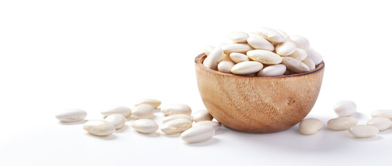 White beans in wooden bowl on white background