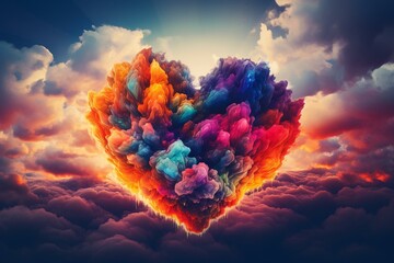 Colorful heart-shaped abstract clouds in the sky. Generative AI