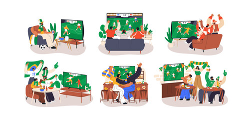 Happy sport fans watching soccer game match on TV. Friends gathering, supporting football team on television screen, celebrating goal. Flat graphic vector illustrations isolated on white background © Good Studio