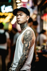 In a back alley, a tattooed 20-year-old thug lurks, with an air of trouble. His piercing gaze tells a story of rebellion and danger, captivating those who dare to cross his path. Generative ai