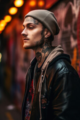 Obraz premium In a back alley, a tattooed 20-year-old thug lurks, with an air of trouble. His piercing gaze tells a story of rebellion and danger, captivating those who dare to cross his path. Generative ai