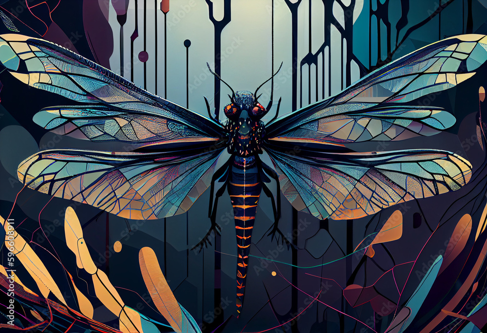 Poster beautiful abstract illustration of an dragonfly background. generative ai technology.