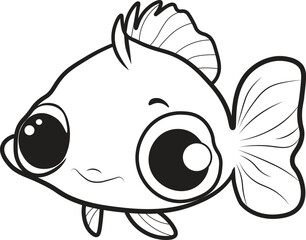 Cute fish cartoon. Black and white lines. Coloring page for kids. Activity Book.