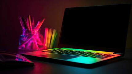Laptop in neon colors. Generative AI.