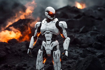Naklejka premium White high tech futuristic armored robot android destroying the world full on fire. Rise of the machines. flame and lava. Ai generated art. Epic cinematic movie style