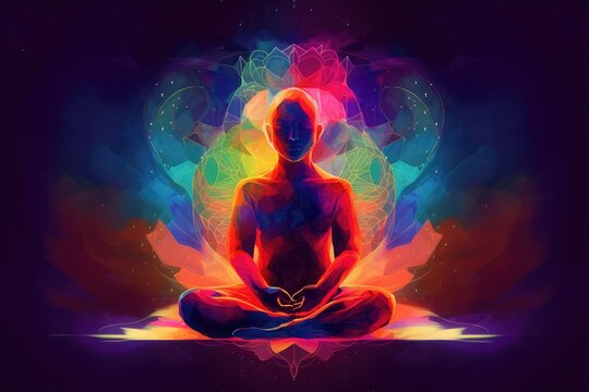 Man in meditation pose. Enlightenment psychic wave transcendence of consciousness generative ai