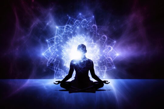 Man in meditation pose. Enlightenment psychic wave transcendence of consciousness generative ai