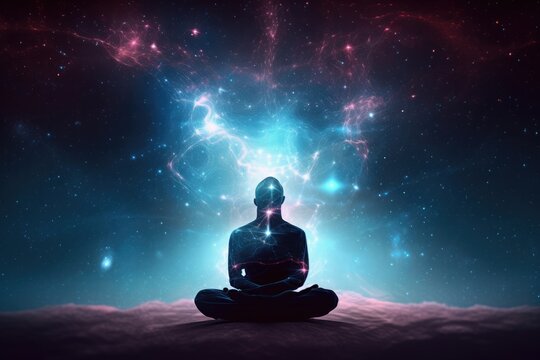 Man in meditation pose. Enlightenment psychic wave transcendence of consciousness generative ai