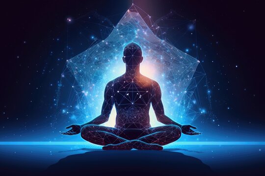 Man in meditation pose. Enlightenment psychic wave transcendence of consciousness generative ai