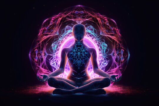 woman in meditation pose. Enlightenment psychic wave transcendence of consciousness generative ai