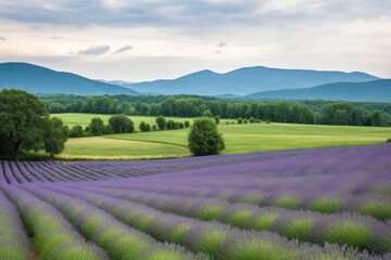 Plakat lavender field with view of rolling hills, bordered by mountains in the distance, created with generative ai