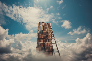 Abstract book stack with ladder on sky with clouds background. Knowlenge concept, generative ai.