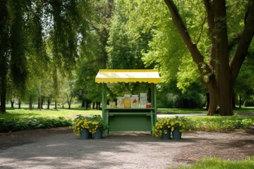 lemonade stand surrounded by lush greenery of a park, created with generative ai - obrazy, fototapety, plakaty
